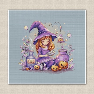 Little Witch Cross Stitch Pattern in Purple and Orange, modern Magical Nursery Decor, cute Halloween pumpkins, digital instant download PDF