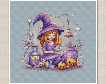 Little Witch Cross Stitch Pattern in Purple and Orange, modern Magical Nursery Decor, cute Halloween pumpkins, digital instant download PDF