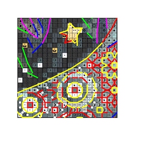 May include: Abstract cross-stitch pattern with a night sky theme. The design features a yellow star, red and yellow geometric shapes, and various symbols in white, green, and blue against a dark gray background.