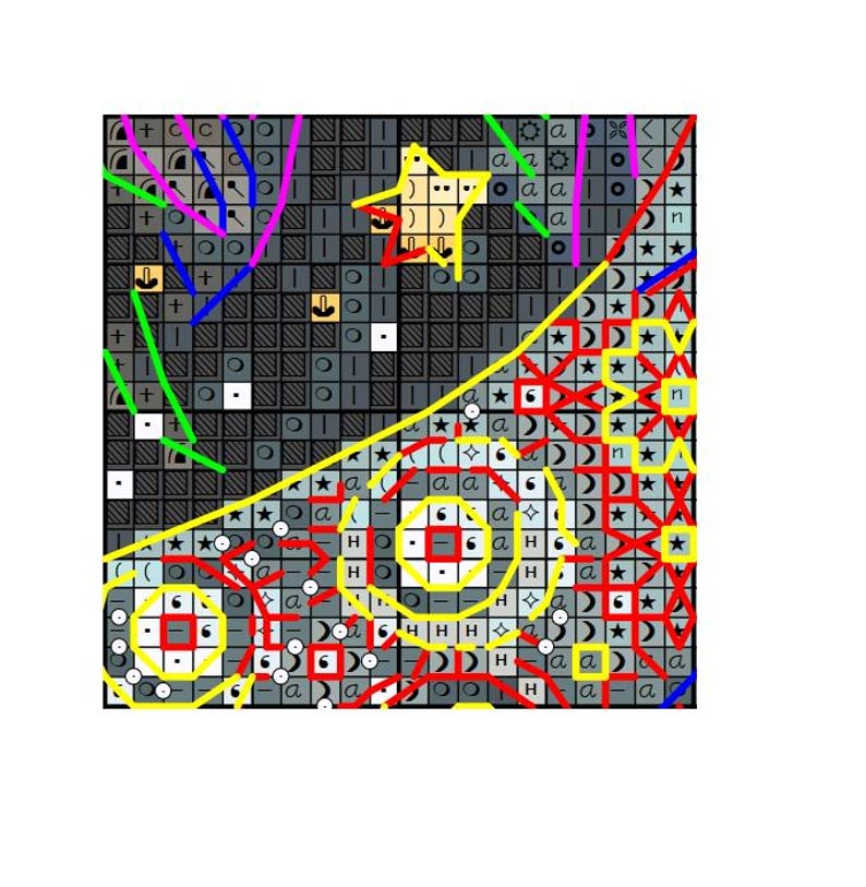 May include: Abstract cross-stitch pattern with a night sky theme. The design features a yellow star, red and yellow geometric shapes, and various symbols in white, green, and blue against a dark gray background.