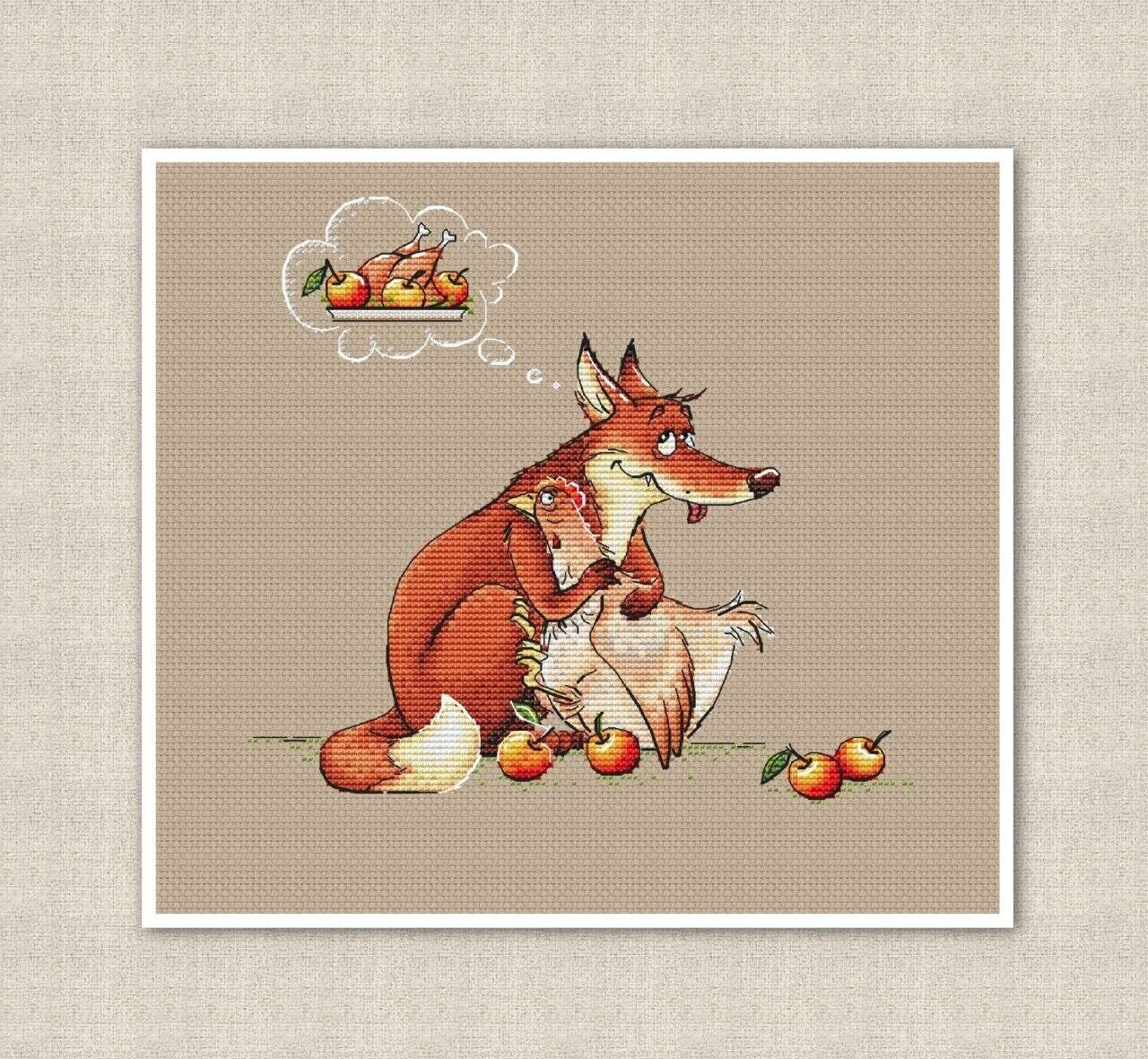 Funny Fox and Hen Cross Stitch, fox Dreaming of Chicken Dinner Pattern, cheerful nursery decor, Gift for Fox Fans,  digital download PDF
