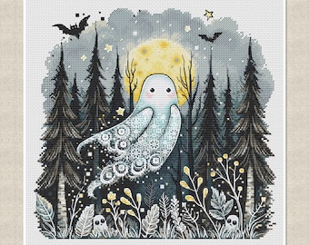 Lace Ghost Cross Stitch Pattern: Gothic ghost, Dark Forest Halloween Decor, Blackwork, digital download PDF