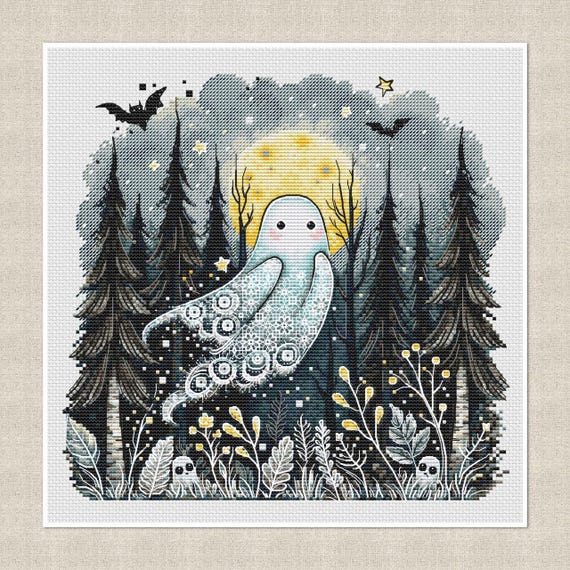 Lace Ghost Cross Stitch Pattern: Gothic ghost, Dark Forest Halloween Decor, Blackwork, digital download PDF