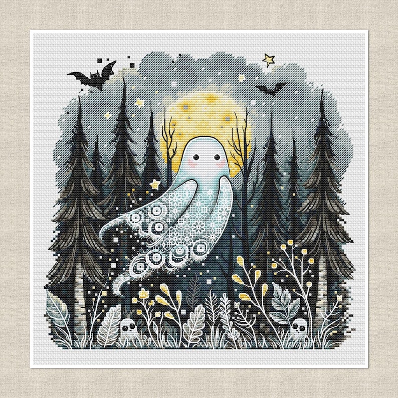 May include: A cross-stitch design featuring a friendly ghost in a forest setting. The ghost is light blue with decorative patterns, set against a backdrop of dark trees, a full moon, and bats. The color palette includes shades of blue, green, and yellow.