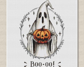 Spooky Cross-Stitch Pattern: Creepy Ghost with Pumpkin Jack, Halloween ghost portrait in Decorative Black Frame, Boo-o, Digital Download pdf