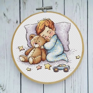 Baby Boy Cross Stitch Pattern, Sweet Dreams with Teddy Bear, Perfect Gift for New Moms, metric cross stitch pattern, digital download PDF