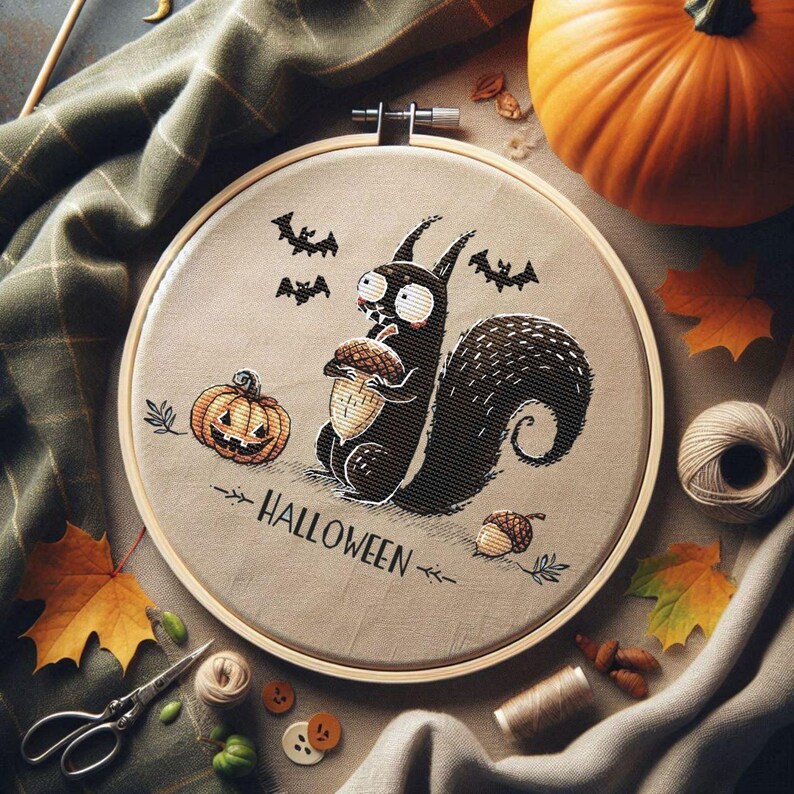 May include: A cross-stitch embroidery hoop featuring a Halloween design. The design includes a black squirrel holding an acorn, a jack-o'-lantern, and bats. The word "HALLOWEEN" is stitched below the squirrel. The hoop is surrounded by fall leaves and a pumpkin.