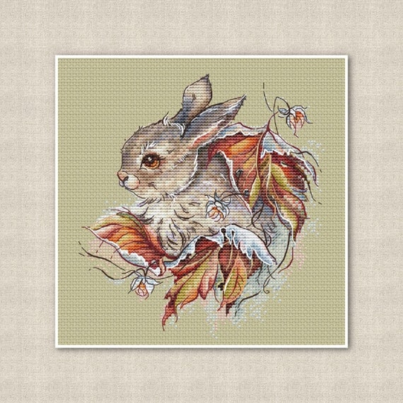Watercolor Bunny in Autumn Leaves Cross Stitch Pattern, Delicate Home Decor, red Colors, modern pillow design, digital instant download PDF