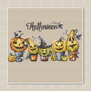 Vintage Halloween Cross Stitch Pattern: Carved Pumpkins in Buckets for Spooky Home Decor, modern pillow design, Digital instant Download pdf
