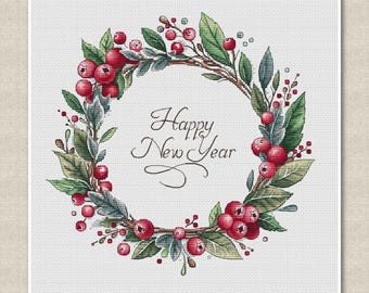 Festive Wreath Cross Stitch, Christmas Pattern with Red Berries, &quot;Happy New Year&quot; Script, Cozy Home Decor for Pillows, digital download PDF