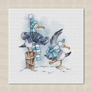 May include: Two cartoon seagulls wearing blue hats and scarves stand on a snowy background. One seagull is perched on a wooden post, while the other is standing on the snow. The seagulls are both looking to the right.