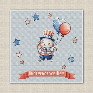 Patriotic Bunny with red and blue balloons Cross Stitch Pattern, Independence Day, American liberty, Stars and stripes, digital download pdf