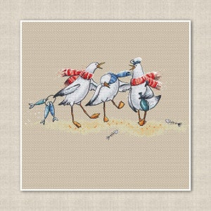 May include: Four cartoon seagulls wearing red and blue scarves are dancing on a beach with fish bones scattered around them.