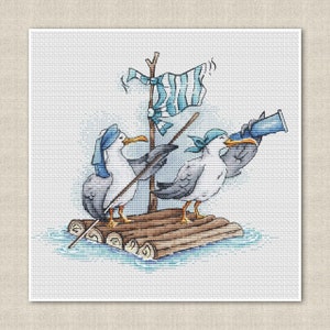 May include: Two seagulls wearing blue bandanas are on a raft made of logs. The seagull in the back is holding a blue telescope and looking through it. The seagull in the front is holding a stick with a blue and white striped flag attached to it.