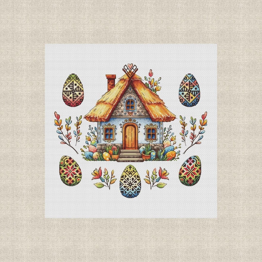 Easter Cross Stitch Sampler: Ukrainian Folk Hut and Eggs , Cozy Home ...
