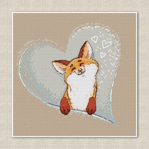 Schattige vos kruissteekpatroon, hartontwerp voor Valentijnsdag decor, cadeau voor geliefde, geborduurde wenskaart, digitale download pdf