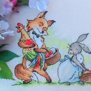 Adorable Cross Stitch Pattern: Fox and Bunny Easter Baskets, Ukraine digital instant download pdf