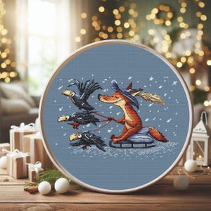 Joli renard avec chapeau et corbeaux au point de croix, décoration de Noël amusante pour chambre d'enfant, cadeau de Noël idéal, coussin moderne, téléchargement numérique PDF