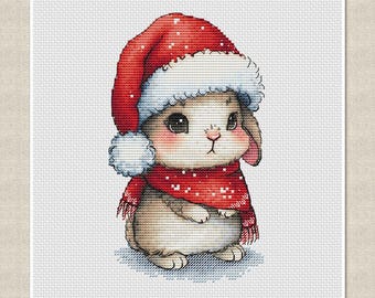 Christmas rabbit in red hat Cross stitch pattern, little white bunny, digital download PDF