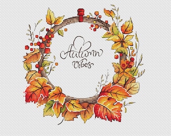 Colorful Autumn Wreath Cross Stitch Pattern: Maple Leaves Pattern for Cozy Fall Decor, seasonal stitching, Fall Vibe, digital download PDF