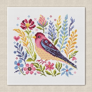 Elegante lentevogel kruissteek, primitief borduurwerk, modern bloemenkussen, geen stiksteek, beginnersvriendelijk ontwerp, digitale download pdf