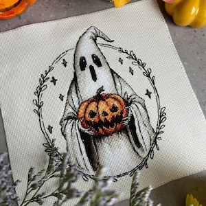 Spooky Cross-Stitch Pattern: Creepy Ghost with Pumpkin Jack, Halloween ghost portrait in Decorative Black Frame, Boo-o, Digital Download pdf