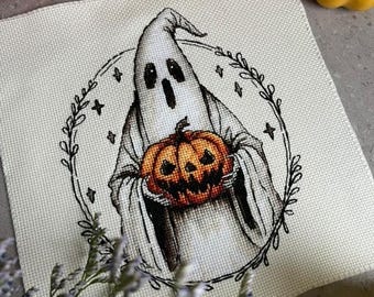 Spooky Cross-Stitch Pattern: Creepy Ghost with Pumpkin Jack, Halloween ghost portrait in Decorative Black Frame, Boo-o, Digital Download pdf