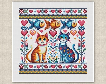 Cross Stitch Pattern: Pair of Cute Cats with Colorful Floral Ornaments - DIY Design, modern primitive design, digital instant download PDF