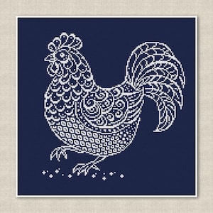 May include: A white rooster with intricate details on a dark blue background. The rooster is facing left and has a large, detailed tail.