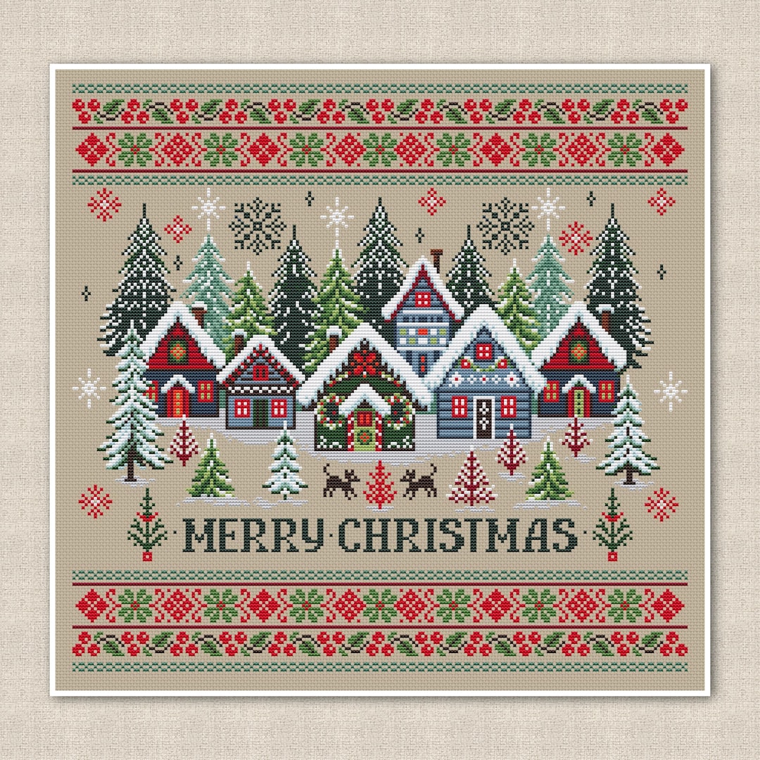 Merry Christmas Cross Stitch: Houses, Fir Trees & Festive Ornaments for ...