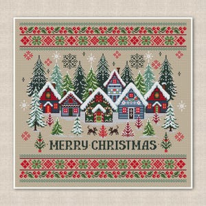 Korsstygn med God Jul: hus, granar och festliga ornament för heminredning, modernt primitivt kuddbroderi, digital nedladdning i PDF-format