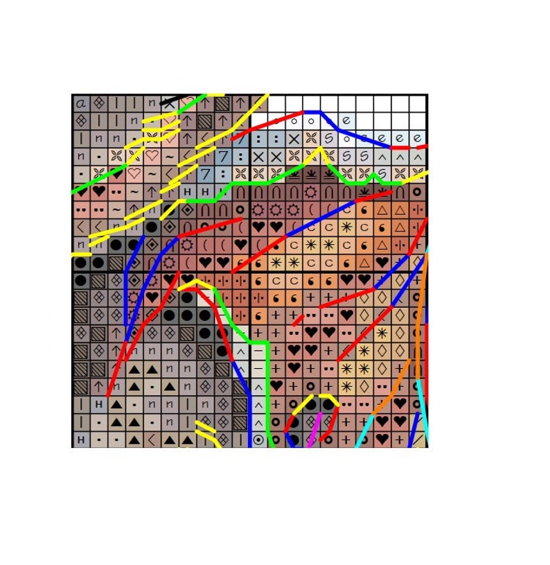 Peut inclure: Un motif de point de croix color&eacute; avec divers symboles et formes, notamment des c&oelig;urs, des &eacute;toiles, des cercles et des fl&egrave;ches. Le motif est d&eacute;limit&eacute; par des lignes rouges, bleues, jaunes, vertes et orange.