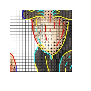 May include: A cross-stitch pattern chart with a grid of squares. The design features a face with a red outline, yellow highlights, and blue and black details. The chart includes numbers, symbols, and letters.