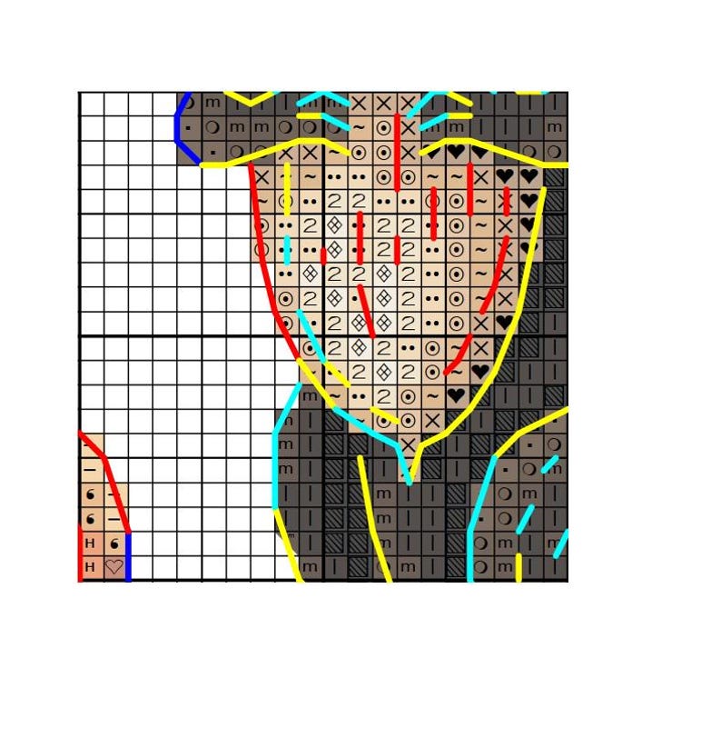 May include: A cross-stitch pattern chart with a grid of squares. The design features a face with a red outline, yellow highlights, and blue and black details. The chart includes numbers, symbols, and letters.