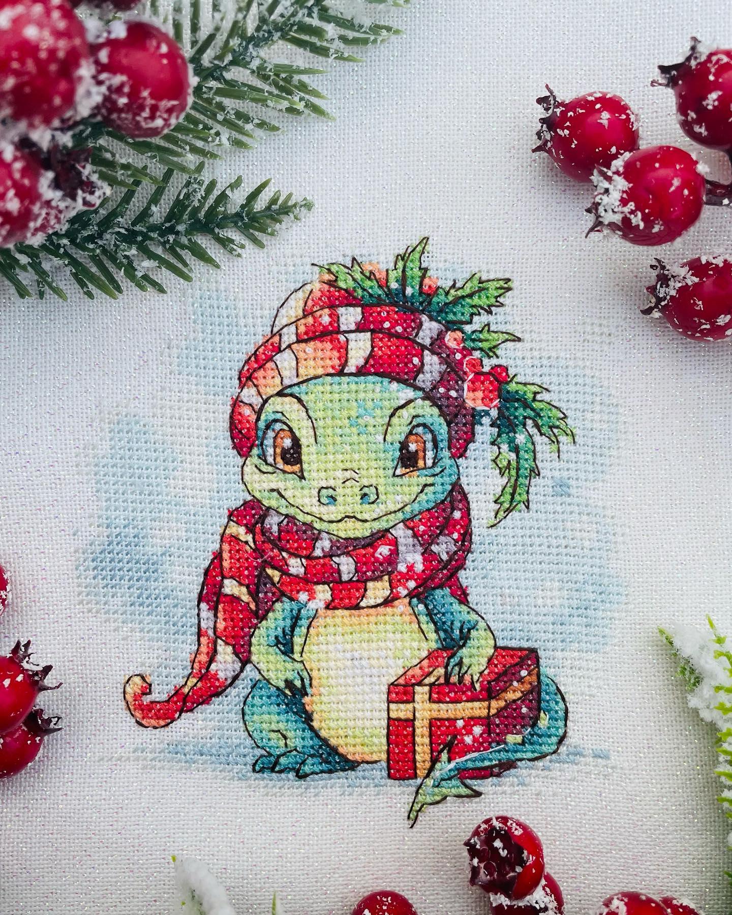 Christmas Dragon Cross Stitch Pattern: Santa's Helper with gift, cute green baby dragon, stylish nursery decor, digital instant download PDF