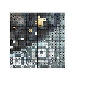 May include: A cross-stitch pattern featuring a night sky design. The pattern uses a grid of squares in shades of gray, black, and white, with symbols representing stars, moons, and other celestial elements. The design includes yellow accents.