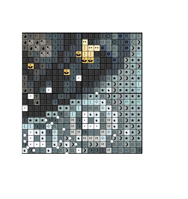 May include: A cross-stitch pattern featuring a night sky design. The pattern uses a grid of squares in shades of gray, black, and white, with symbols representing stars, moons, and other celestial elements. The design includes yellow accents.