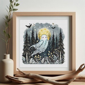 May include: A framed cross-stitch artwork featuring a whimsical ghost floating in a forest scene. The artwork includes a full moon, bats, and tall pine trees. The ghost is white with decorative patterns. The color palette includes shades of blue, yellow, and black.