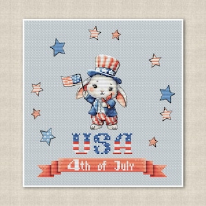 Patriotic Bunny Cross Stitch for July 4th Celebration, Independence Day Pattern, American flag, Stars and stripes, digital instant download