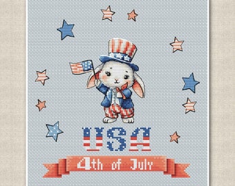 Lapin patriotique au point de croix pour la célébration du 4 juillet, motif du jour de l'indépendance, drapeau américain, étoiles et rayures, téléchargement numérique