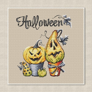 Eerie Smiling Pumpkins Cross Stitch Pattern for Halloween Decor, modern pillow design with Inscription,Spooky, Digital instant Download pdf