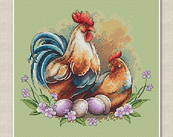 Easter Cross Stitch Pattern - Rooster and Hen in Spring Nest, Eggs, Violets, realistic embroidery in watercolor style, digital download pdf
