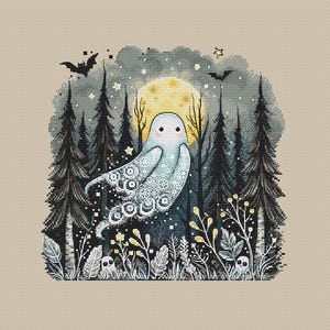 May include: A whimsical illustration of a friendly ghost floating in a moonlit forest. The ghost is light blue with intricate white patterns. Dark evergreen trees, yellow flowers, and bats complete the spooky, yet charming, scene. A full moon shines brightly in the background.