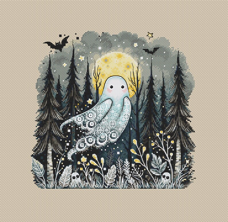 May include: A whimsical illustration of a friendly ghost floating in a moonlit forest. The ghost is light blue with intricate white patterns. Dark evergreen trees, yellow flowers, and bats complete the spooky, yet charming, scene. A full moon shines brightly in the background.