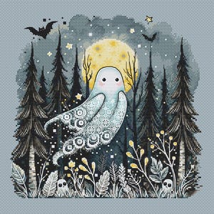 May include: A cross-stitch design featuring a friendly ghost floating in a moonlit forest. The ghost is light blue with decorative patterns. The background includes dark trees, bats, stars, and a full yellow moon, creating a spooky yet charming scene.
