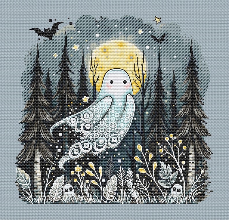 May include: A cross-stitch design featuring a friendly ghost floating in a moonlit forest. The ghost is light blue with decorative patterns. The background includes dark trees, bats, stars, and a full yellow moon, creating a spooky yet charming scene.