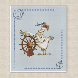 May include: A white seagull wearing a blue sailor hat and holding a wooden ship's wheel. The seagull is standing on a light blue background with a life preserver and anchor in the corners.