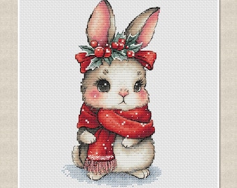 Christmas bunny Cross stitch pattern, Elegant rabbit in Wreath, little eared princess, stylish nursery decor, digital instant download PDF