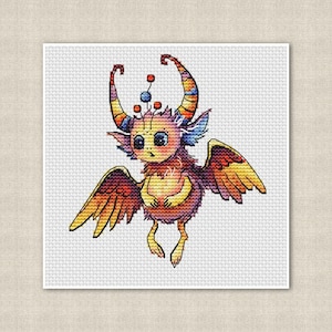 Cute Monster Cross Stitch Pattern, Mythical Creature Design - Magical Forest Spirit with Wings, nursery decor, digital instant download, pdf