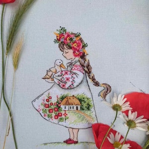Modèle de point de croix représentant une fille en robe ukrainienne avec une couronne et un canard mignon, décoration sincère pour chambre d'enfant, symbole de gentillesse, téléchargement numérique PDF